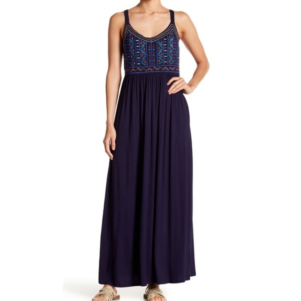 Spense Embroidered Bodice Blue Maxi Dress
